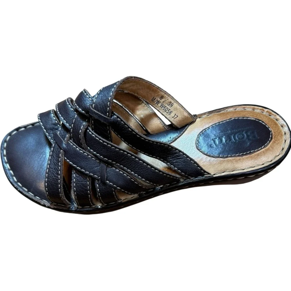 Born Brown Leather‎ Woven Strap Open Toe Slide Sandals - Women's 8 All Day Wear